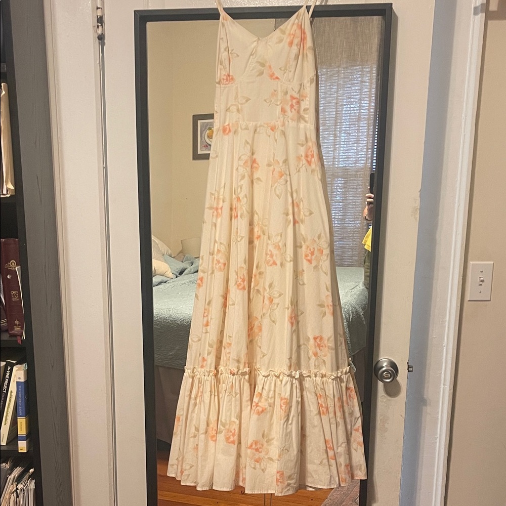 Cream Maxi Dress with Peach Floral Print and Spaghetti Straps
